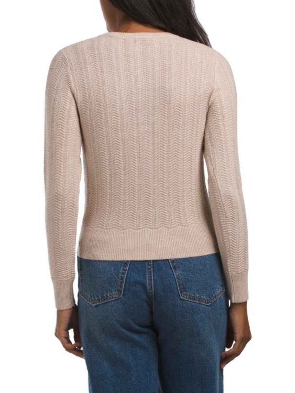 ELIE TAHARI Wool Blend Long Sleeve Crew Neck Pointelle Button Down Cardigan - Picture 2 of 3